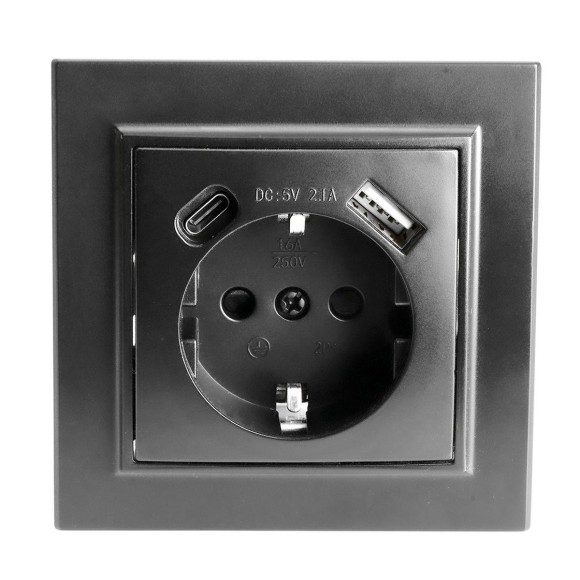 Розетка 1-местная с/з Stekker, PST16-9016-03, 250В, 16А с USB+ type C Эрна, черный 50078 Розетка 1-местная с/з Stekker, PST16-9016-03, 250В, 16А с USB+ type C Эрна, черный 50078