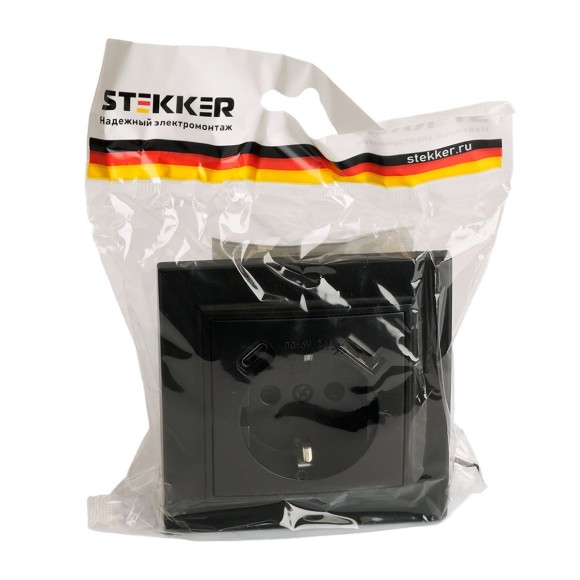 Розетка 1-местная с/з Stekker, PST16-9016-03, 250В, 16А с USB+ type C Эрна, черный 50078 Розетка 1-местная с/з Stekker, PST16-9016-03, 250В, 16А с USB+ type C Эрна, черный 50078