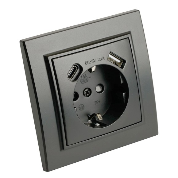 Розетка 1-местная с/з Stekker, PST16-9016-03, 250В, 16А с USB+ type C Эрна, черный 50078 Розетка 1-местная с/з Stekker, PST16-9016-03, 250В, 16А с USB+ type C Эрна, черный 50078