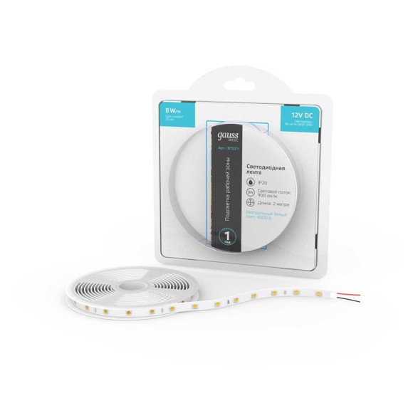 Светодиодная лента Gauss 8W/m 60LED/m 5050SMD нейтральный белый 2M BT021 Светодиодная лента Gauss 8W/m 60LED/m 5050SMD нейтральный белый 2M BT021
