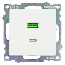 Розетка USB 2-местная + type C (механизм), STEKKER GLS10-7116-01, 250В, 3А, max 20W, серия Катрин, белый 50051