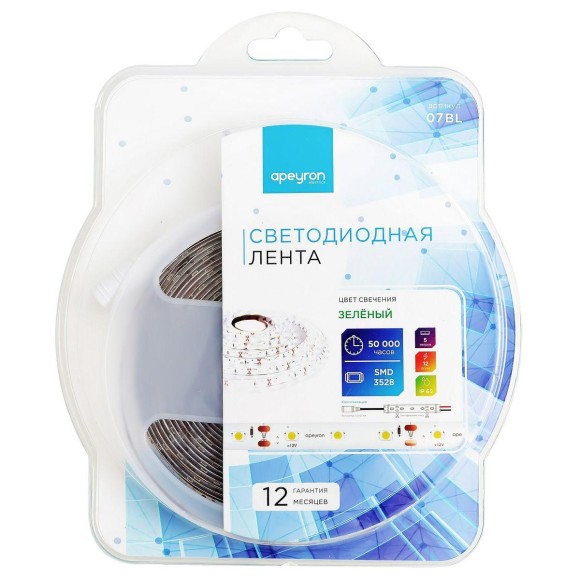 Светодиодная влагозащищенная лента Apeyron 4,8W/m 60LED/m 3528SMD зеленый 5M 07BL Светодиодная влагозащищенная лента Apeyron 4,8W/m 60LED/m 3528SMD зеленый 5M 07BL