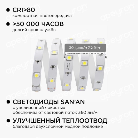 Светодиодная лента Apeyron 7,2W/m 30LED/m 5050SMD холодный белый 5M 10-40 Светодиодная лента Apeyron 7,2W/m 30LED/m 5050SMD холодный белый 5M 10-40