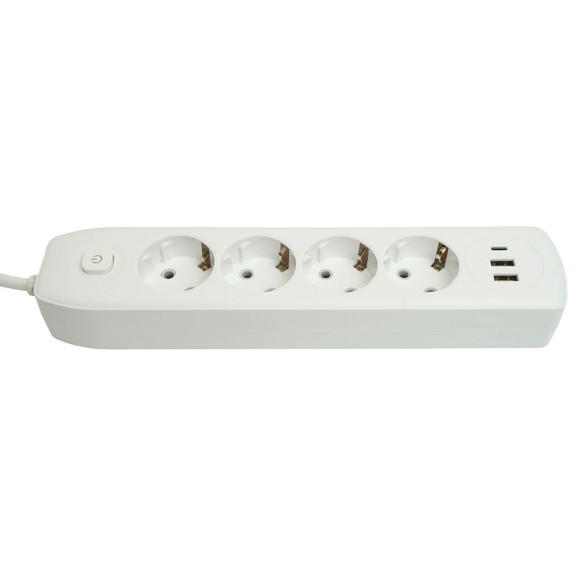 Удлинитель 4-местный c/з 3x1 мм2, 3 м, 250В, 10А, 2USB+1Type-C 2,4А Home plus, белый Stekker HM08-43-02 49978
