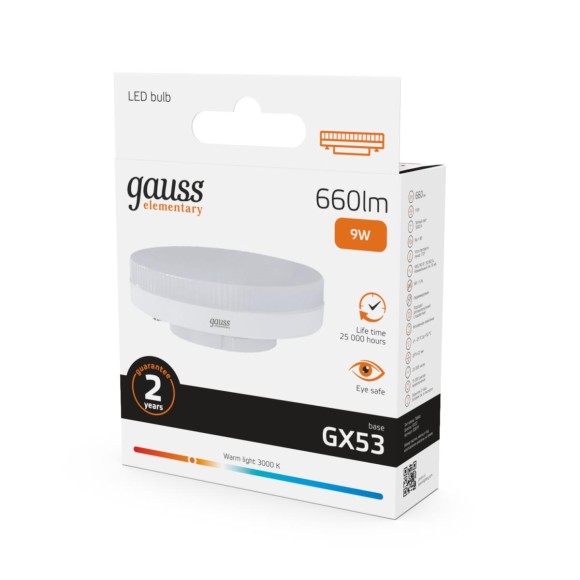 Лампа светодиодная Gauss GX53 9W 3000K матовая 83819 Лампа светодиодная Gauss GX53 9W 3000K матовая 83819