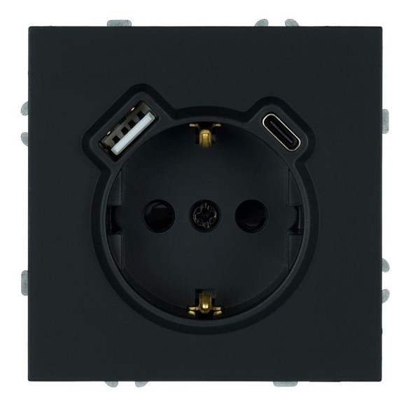 Розетка 1-местная з/ш с/з 16А + USB + Type C (механизм), Stekker, 250В, 20W Эмили, черный уголь, soft-touch, RST16-5119-05 50218