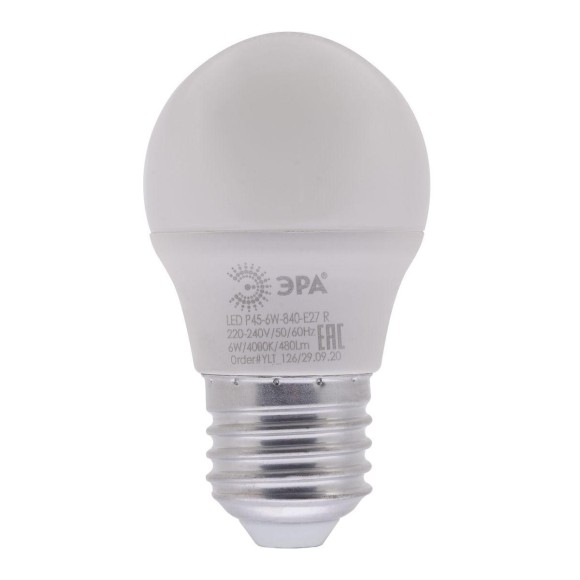 Лампа светодиодная ЭРА E27 6W 4000K матовая LED P45-6W-840-E27 R Б0049644 Лампа светодиодная ЭРА E27 6W 4000K матовая LED P45-6W-840-E27 R Б0049644
