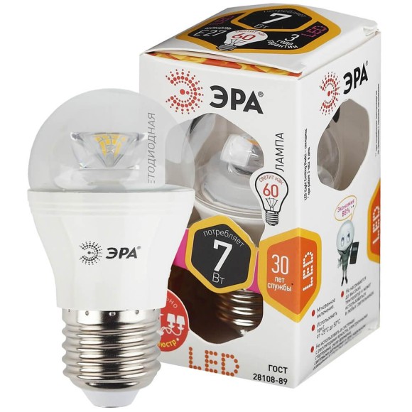 Лампа светодиодная ЭРА E27 7W 2700K прозрачная LED P45-7W-827-E27-Clear Б0017243 Лампа светодиодная ЭРА E27 7W 2700K прозрачная LED P45-7W-827-E27-Clear Б0017243