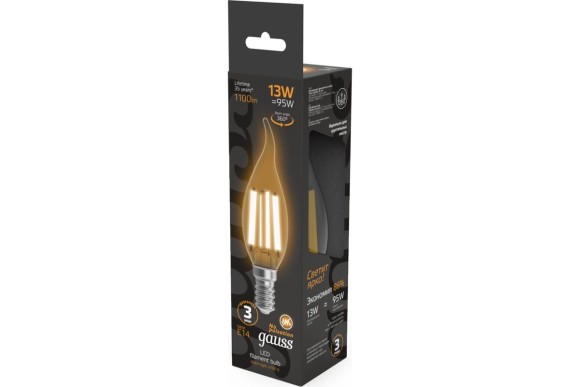 Лампа светодиодная филаментная Gauss E14 13W 2700K прозрачная 104801113 Лампа светодиодная филаментная Gauss E14 13W 2700K прозрачная 104801113