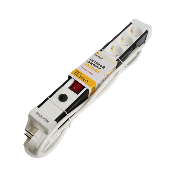 Сетевой фильтр 4-местный с/з Stekker 3x1мм2, 1,8 м, 250В, 16А Techno, HM22-41-02, белый 50147