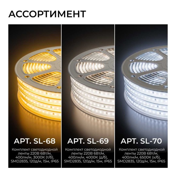 Комплект светодиодной влагозащищенной ленты OGM 6W/m 120LED/m 2835SMD теплый белый 15M SL-68 Комплект светодиодной влагозащищенной ленты OGM 6W/m 120LED/m 2835SMD теплый белый 15M SL-68