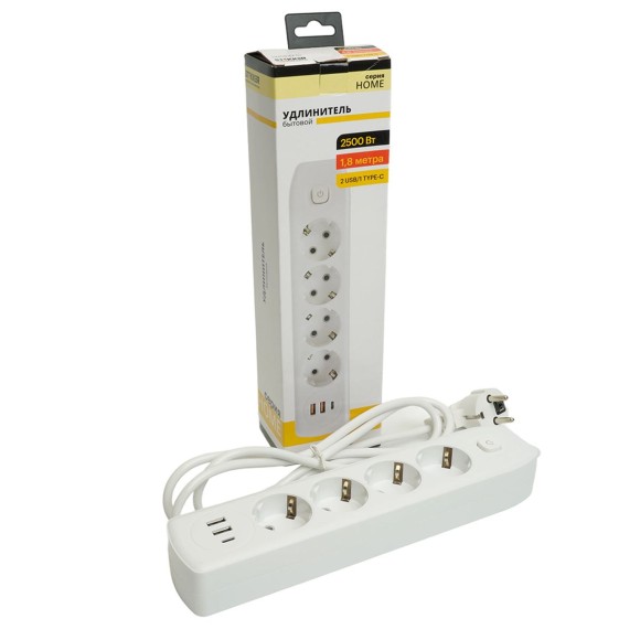 Удлинитель 4-местный c/з 3x1 мм2, 1,8 м, 250В, 10А, 2USB+1Type-C 2,4А Home plus, белый Stekker HM08-43-02 49971