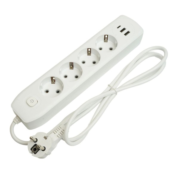 Удлинитель 4-местный c/з 3x1 мм2, 1,8 м, 250В, 10А, 2USB+1Type-C 2,4А Home plus, белый Stekker HM08-43-02 49971