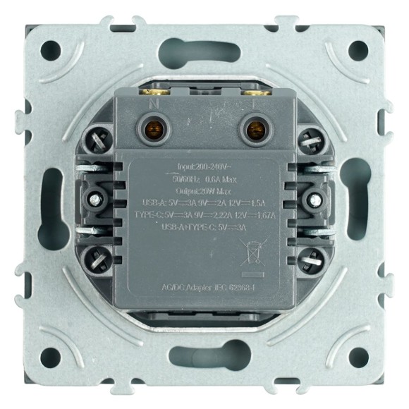 Розетка 2-местная USB + Type C (механизм), Stekker, 250В, 20W Эмили, RST10-5115-09, антрацит, soft touch 49931