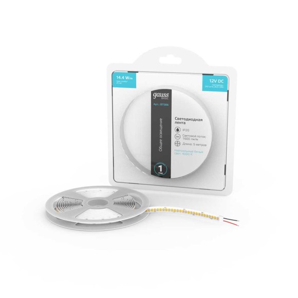 Светодиодная лента Gauss 14,4W/m 240LED/m 2835SMD нейтральный белый 5M BT086 Светодиодная лента Gauss 14,4W/m 240LED/m 2835SMD нейтральный белый 5M BT086