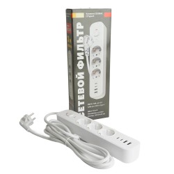 Сетевой фильтр 3-местный с/з STEKKER 3x1мм2, 3 м, 250В, 16А, 2 USB-A+2 Type-C 3, серия Nova, белый