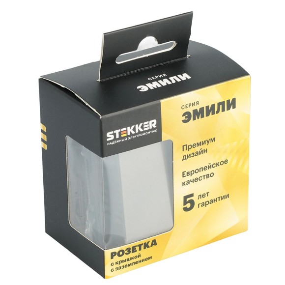 Розетка 1-местная с крышкой с защ. штор, Stekker, с/з, IP42, 250В, 16А Эмили, RST16-5112-09, антрацит, soft touch 49933