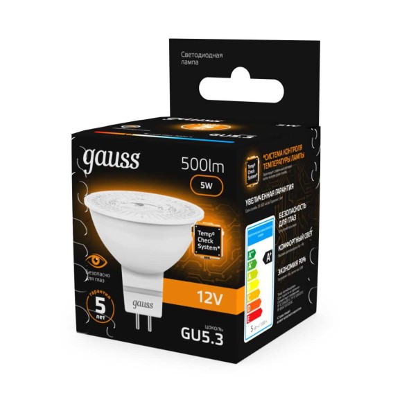 Лампа светодиодная Gauss GU5.3 5W 2700K матовая 201505105 Лампа светодиодная Gauss GU5.3 5W 2700K матовая 201505105