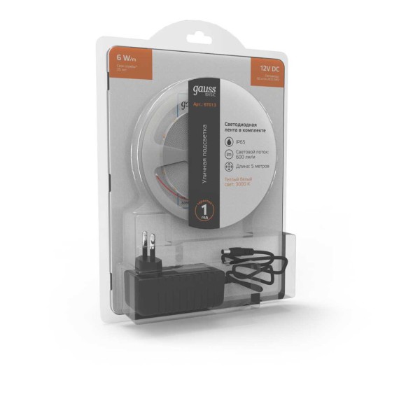 Светодиодная лента Gauss 6W/m 60LED/m 2835SMD теплый белый 5M BT013 Светодиодная лента Gauss 6W/m 60LED/m 2835SMD теплый белый 5M BT013