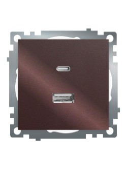 Розетка 2-местная USB + type C, STEKKER GLS10-7116-04, 250В, 3А, max 20W,серия Катрин, шоколад 50057