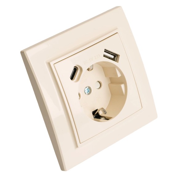 Розетка 1-местная с/з Stekker, PST16-9016-02, 250В, 16А с USB+ type C Эрна, слоновая кость 50077