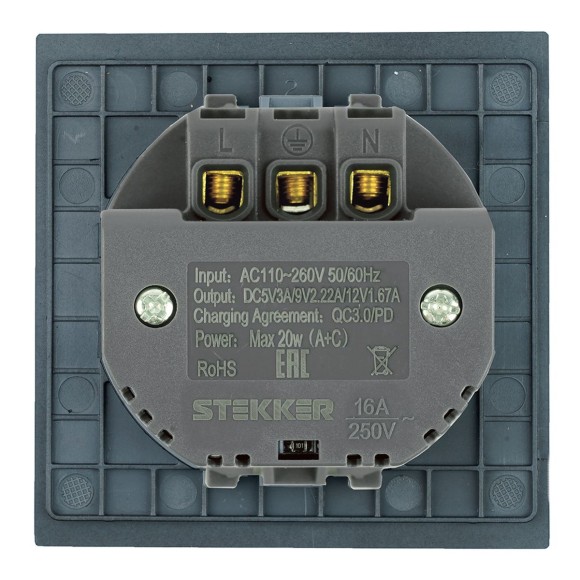 Розетка 1-местная з/ш с/з 16А + USB + Type C (механизм), Stekker, 250В, 20W Мия, RST16-3119-05, черный бархат 50452