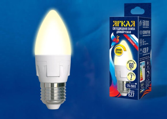 Лампа светодиодная диммируемая Uniel E27 7W 3000K матовая LED-C37 7W/3000K/E27/FR/DIM PLP01WH UL-00004297 Лампа светодиодная диммируемая Uniel E27 7W 3000K матовая LED-C37 7W/3000K/E27/FR/DIM PLP01WH UL-00004297