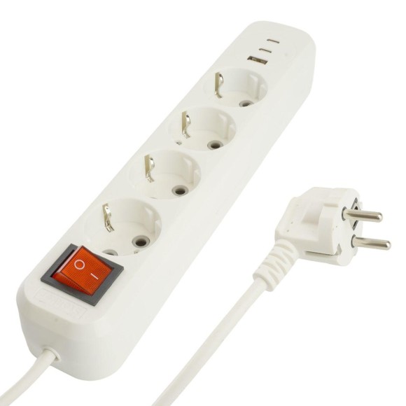 Удлинитель 4-местный с/з с выключ. Stekker HM071-41-05 3x1мм2, 5м, 250В, 16А, 1USB+2C, 2.4A Home, белый 50141