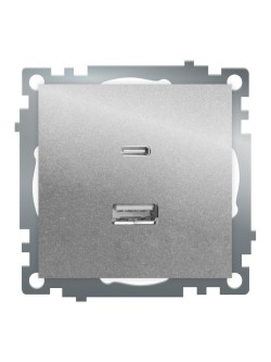 Розетка 2-местная USB + type C (механизм)), STEKKER GLS10-7116-03 , 250B, 3А, max 20W, серия Катрин, серебро 50054