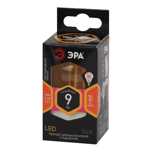 Лампа светодиодная филаментная ЭРА E27 9W 2700K прозрачная F-LED P45-9w-827-E27 Б0047023