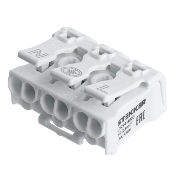 Клемма монтажная STEKKER, LD294-4003, для подключения фазных проводников, 3 контактные группы (3 ввода, 3 вывода на полюс)