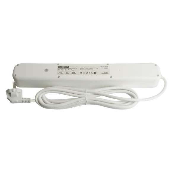 Сетевой фильтр 5-местный с/з STEKKER3x1мм2, 1,8 м, 250В, 16А, 2 USB-A+2 Type-C, серия Nova, белый